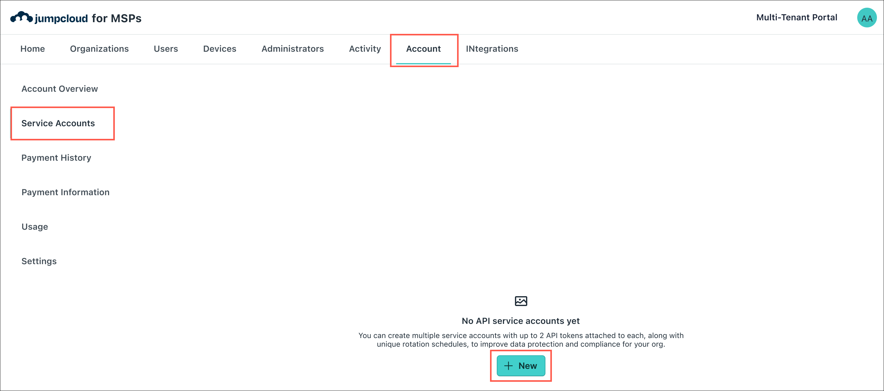 A screenshot showing the Service Accounts tab in the multi-tenant portal.